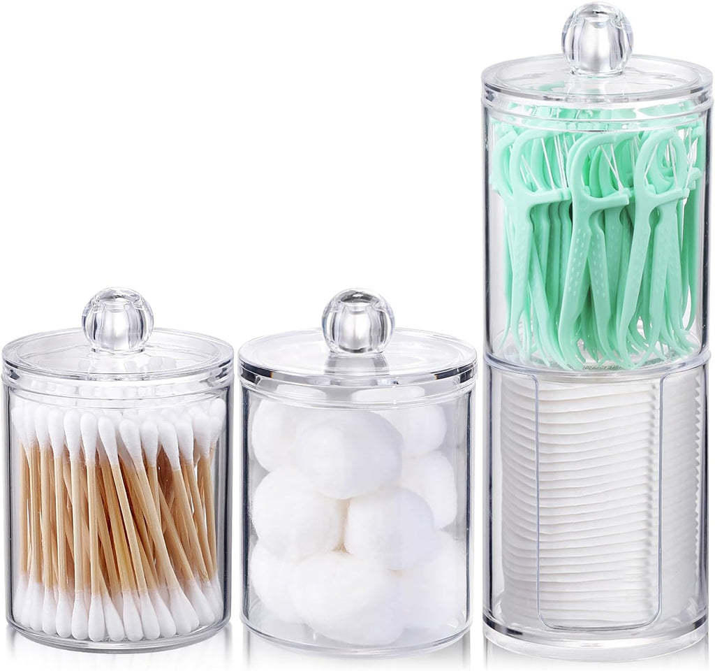 4 Pcs Acrylic Qtip Holder Dispenser for Cotton Swabs, Balls, Floss Picks