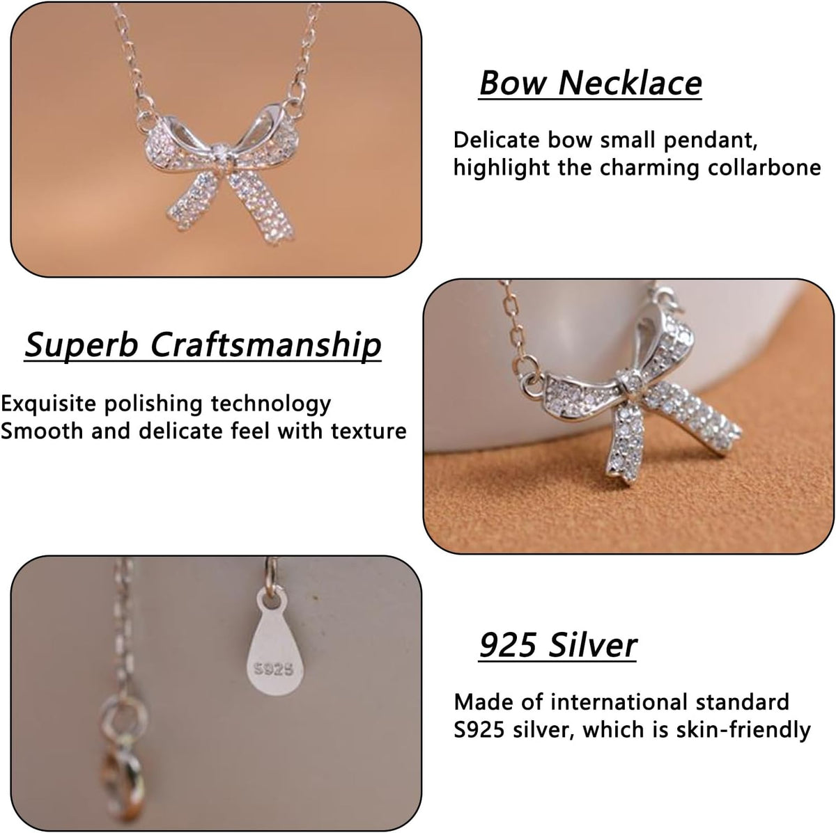 Bow Necklace Butterfly Necklace, 18 In, Sterling Silver Collarbone Necklace