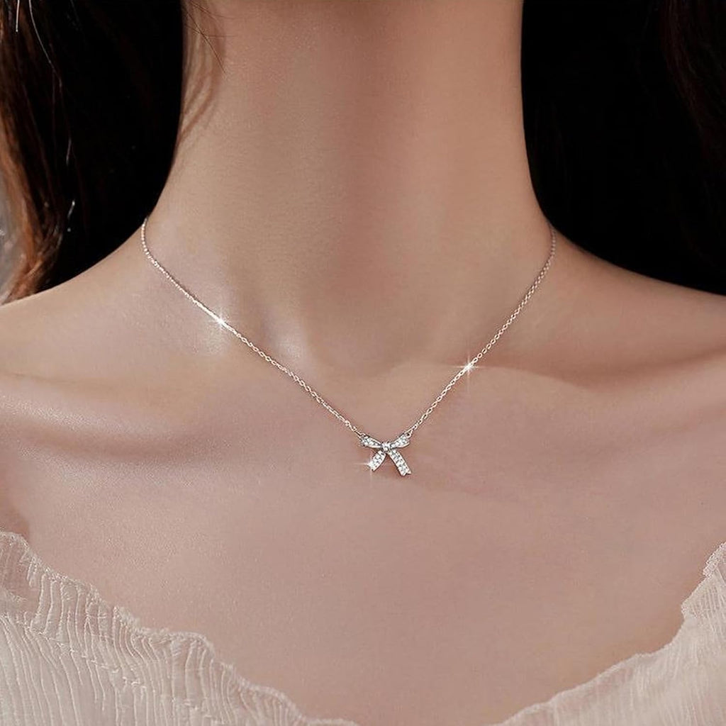 Bow Necklace Butterfly Necklace, 18 In, Sterling Silver Collarbone Necklace