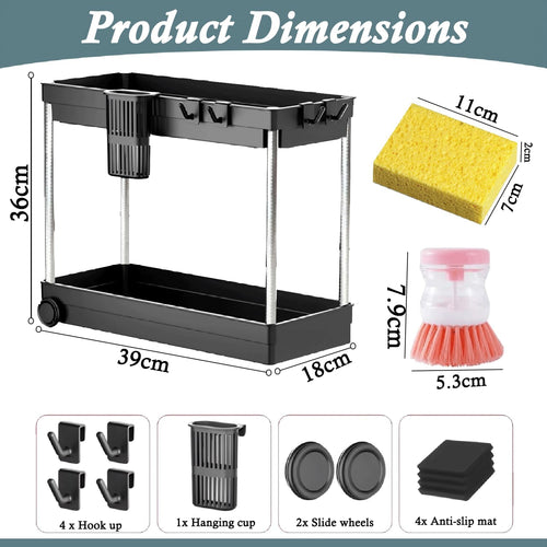 2 Pack under Sink Storage with a Dispensing Brush & Sponge, 2 Tier Kitchen Storage under Shelf, under Sink Tidy, Multipurpose under Sink Cupboard Organiser, under Sink Organiser for Kitchen & Bathroom