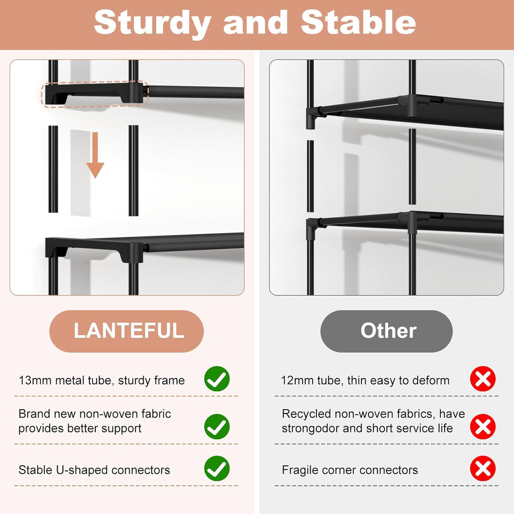 3 Tier Shoe Rack for Closet, Shoe Organizer with 5 Hooks, Long Shoe Shelf Storage for Sneaker and Boot Stackable Free Standing Shoe Rack for Entryway, Garage, Small Spaces, Dorm