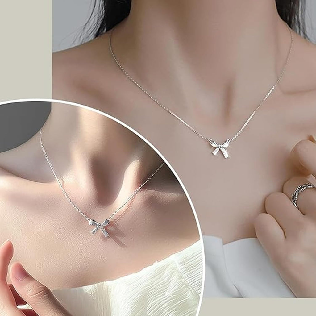 Bow Necklace Butterfly Necklace, 18 In, Sterling Silver Collarbone Necklace