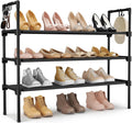 3 Tier Shoe Rack for Closet, Shoe Organizer with 5 Hooks, Long Shoe Shelf Storage for Sneaker and Boot Stackable Free Standing Shoe Rack for Entryway, Garage, Small Spaces, Dorm