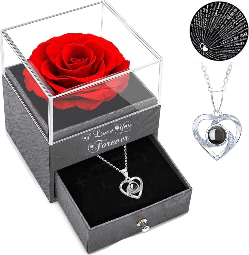 Mothers Day Gifts Valentines Gifts for Her - Red Rose with I Love You Necklace, Flowers Rose Gifts for Women, Mom, Wife and Girlfriend on Mothers Day Christmas Anniversary Birthday Gift for Her