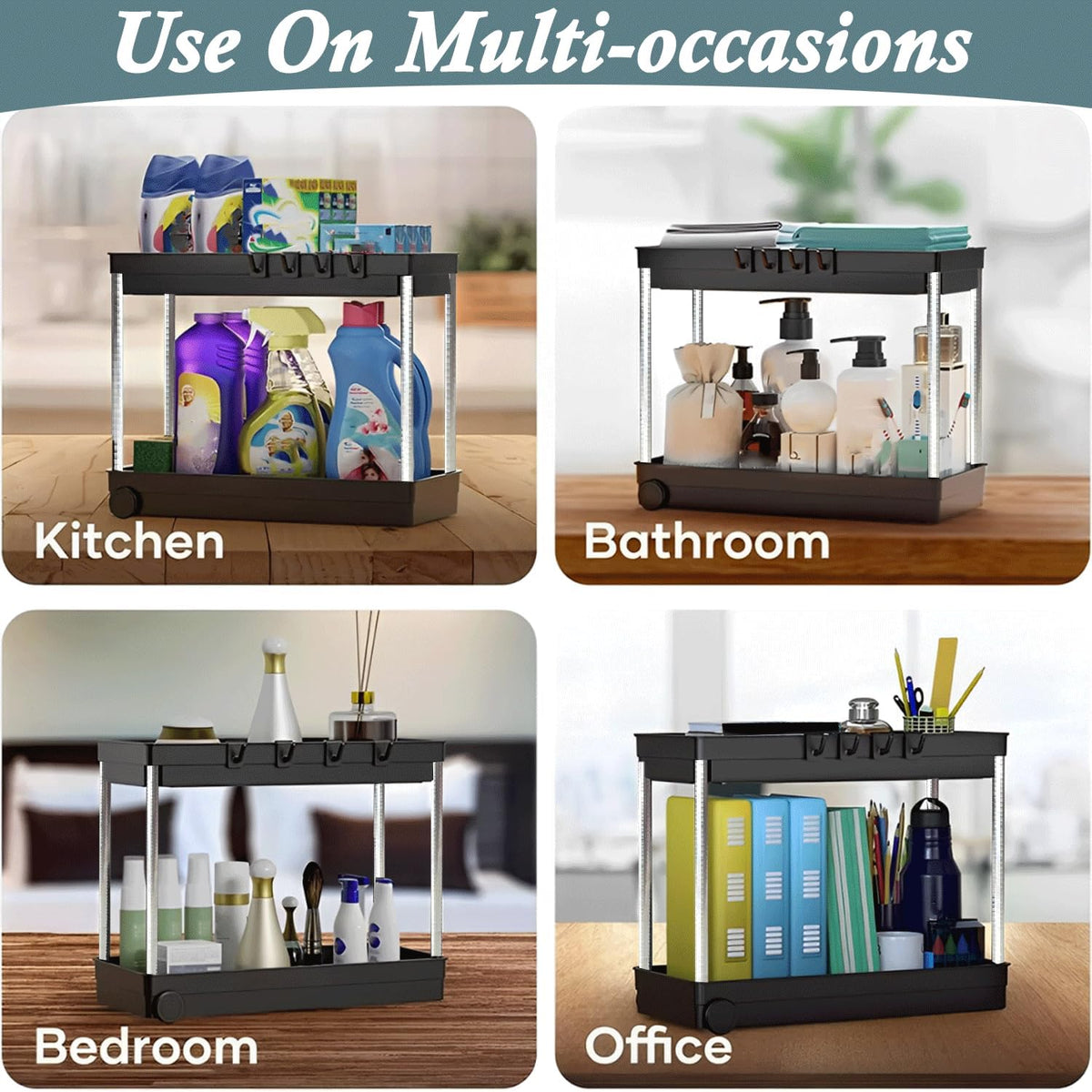 2 Pack under Sink Storage with a Dispensing Brush & Sponge, 2 Tier Kitchen Storage under Shelf, under Sink Tidy, Multipurpose under Sink Cupboard Organiser, under Sink Organiser for Kitchen & Bathroom