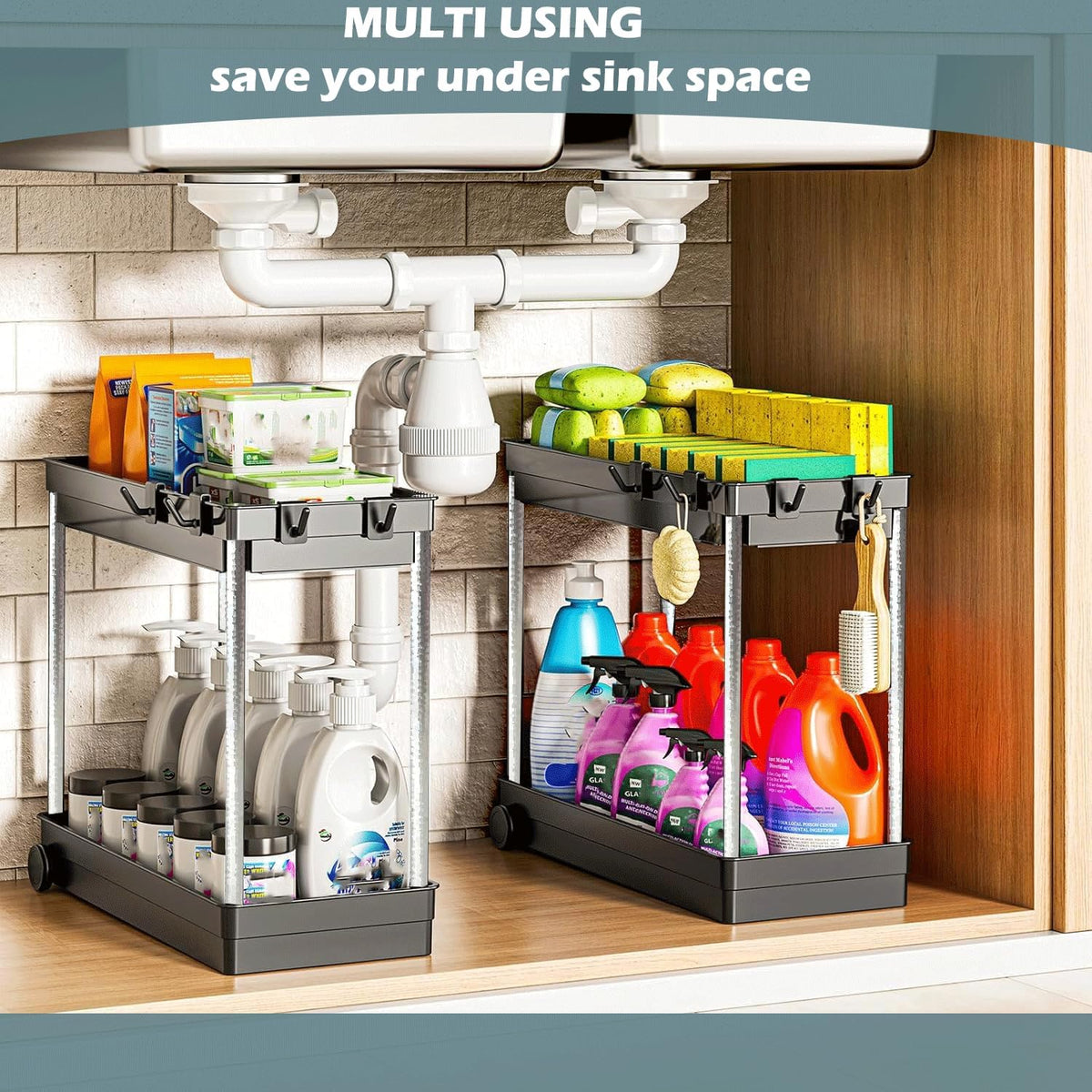 2 Pack under Sink Storage with a Dispensing Brush & Sponge, 2 Tier Kitchen Storage under Shelf, under Sink Tidy, Multipurpose under Sink Cupboard Organiser, under Sink Organiser for Kitchen & Bathroom