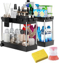 2 Pack under Sink Storage with a Dispensing Brush & Sponge, 2 Tier Kitchen Storage under Shelf, under Sink Tidy, Multipurpose under Sink Cupboard Organiser, under Sink Organiser for Kitchen & Bathroom