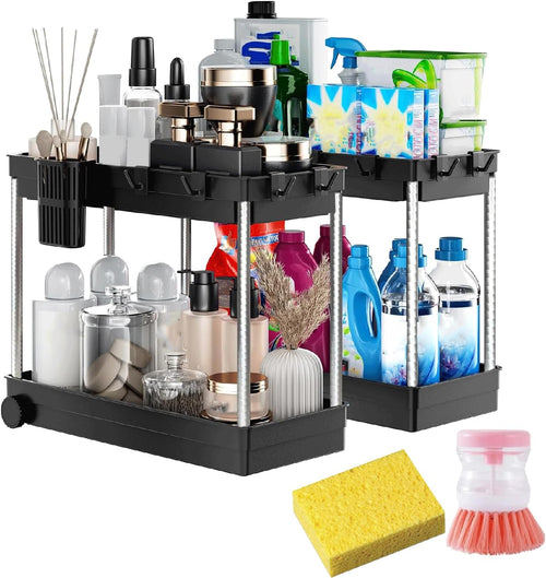 2 Pack under Sink Storage with a Dispensing Brush & Sponge, 2 Tier Kitchen Storage under Shelf, under Sink Tidy, Multipurpose under Sink Cupboard Organiser, under Sink Organiser for Kitchen & Bathroom