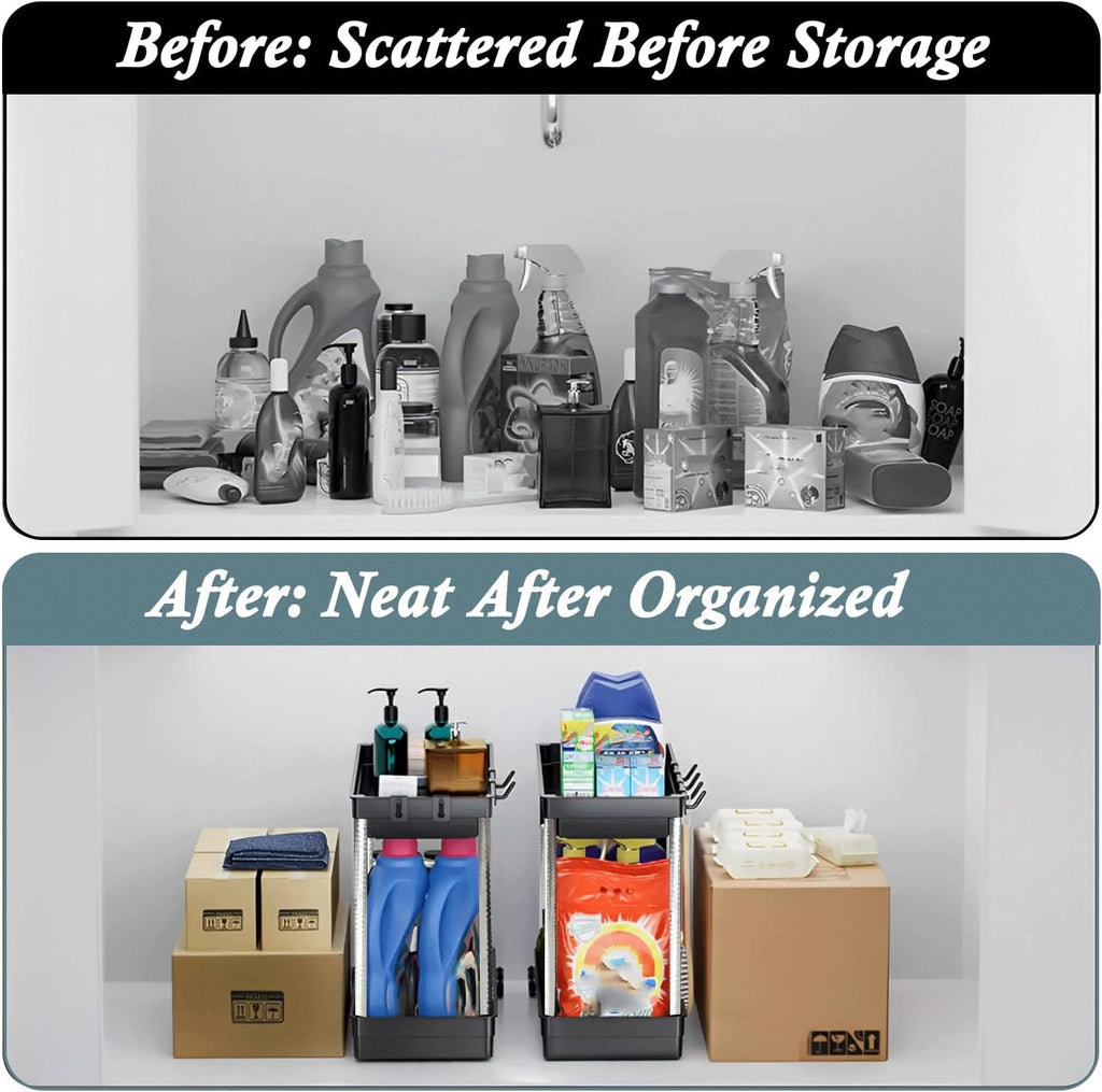 2 Pack under Sink Storage with a Dispensing Brush & Sponge, 2 Tier Kitchen Storage under Shelf, under Sink Tidy, Multipurpose under Sink Cupboard Organiser, under Sink Organiser for Kitchen & Bathroom